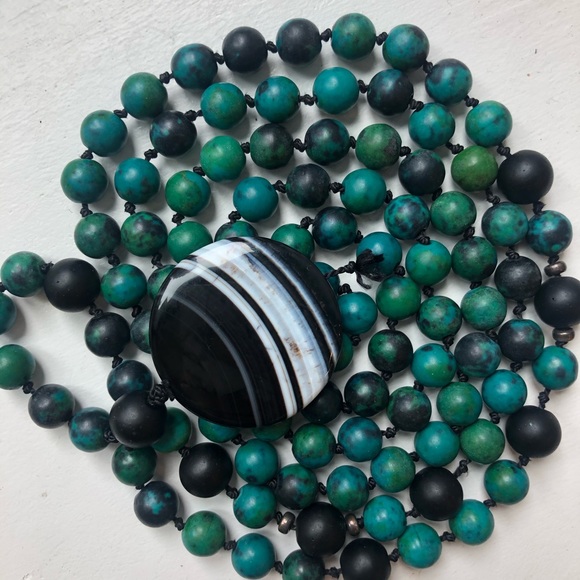 Gemstone Mala Necklace with Chrysocolla, Black Onyx, Black Sardonix - Picture 2 of 3